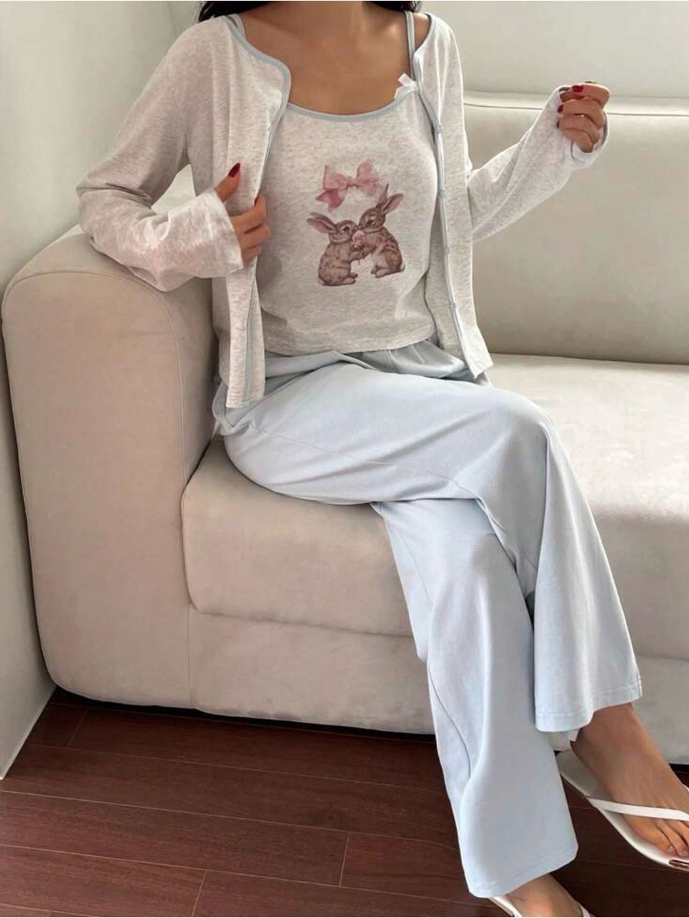 Women’s Light Gray Bunny Print Sleep Set - Soft Tank & Cardigan